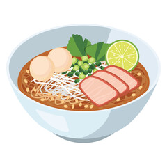 vector flat color of Thai noodle soup with rice noodles, sliced pork, fish balls, chopped spring onions and a fresh lime wedge in a bowl