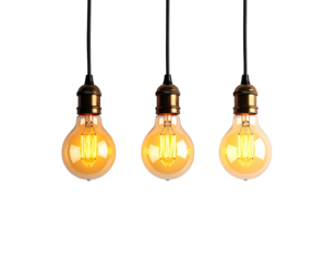 Three vintage-style Edison bulbs, warm glow, hanging