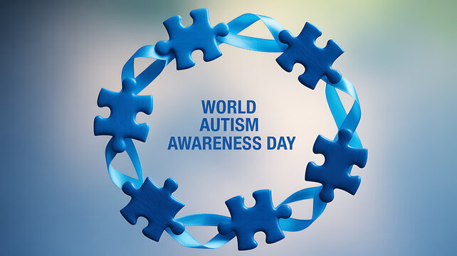 World Autism Awareness Day symbol featuring blue puzzle pieces and ribbon forming a circular design