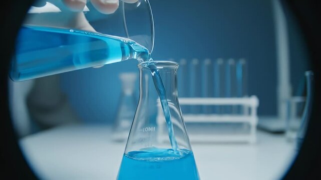 Close-up shot of a scientist pouring blue liquid from beaker into an Erlenmeyer flask in a lab