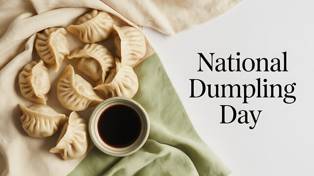 National Dumpling Day celebration with steamed dumplings and dipping sauce on cloth