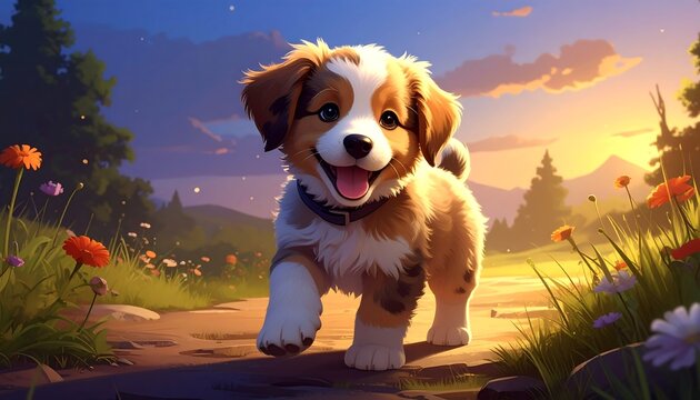 Adorable puppy walks a sunny path through wildflowers - Powered by Adobe
