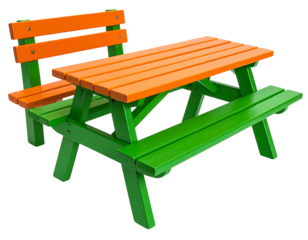 Colorful picnic table and bench set, orange and green