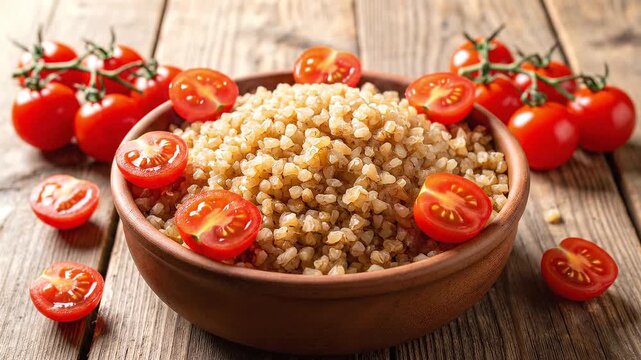 A bowl of bulgur wheat topped with halved cherry tomatoes is on a wooden surface