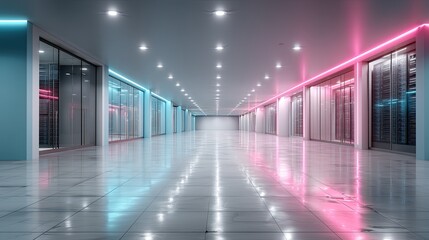 Futuristic Data Center with Blue and Pink Neon Lighting on Server Racks and Shiny Floor