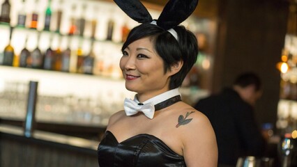 Close Up of Asian Woman in Black Bunny Girl Costume with Tattoo Behind Bar Counter