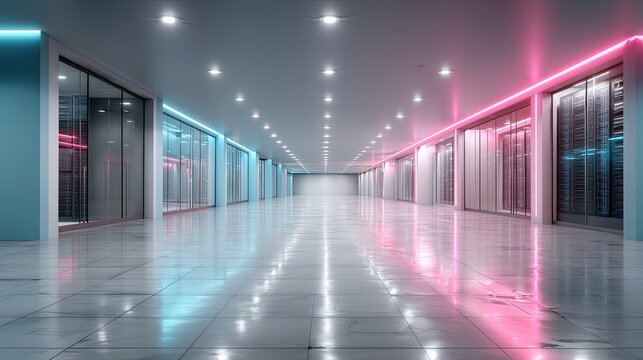 Futuristic Data Center with Blue and Pink Neon Lighting on Server Racks and Shiny Floor
