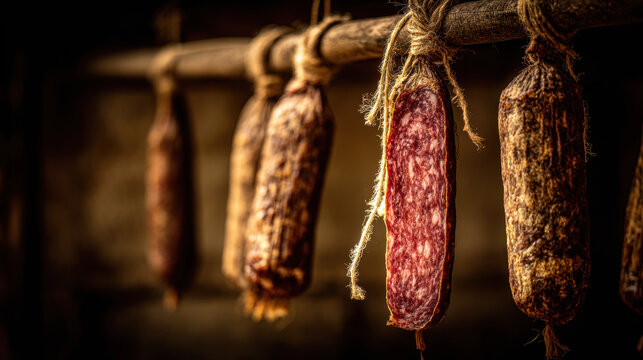Cured salami hanging on wooden rack with natural lighting creating a rustic atmosphere, showcasing traditional charcuterie craftsmanship and artisanal food preparation techniques.