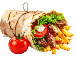 Mediterranean wrap with fries and tomato