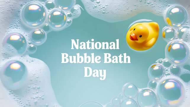 National Bubble Bath Day celebration with bubbles and a rubber duck in a soapy bath setting