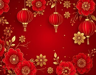 Red and gold floral banner with lanterns