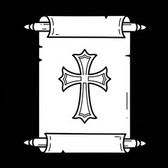 A parchment scroll,  in black and white, features bold stylized cross, suggesting an ancient decree or religious edict carefully preserved. Gospel concept.