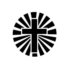 A Christian cross with radial lines emanating from it creates striking, circular black-and-white design conveying faith and spiritual significance. Gospel concept.