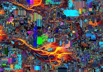 Obraz premium Iridescent urban network: A vibrant tapestry of geometric forms and fiery energy, creating a captivating digital