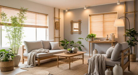 Japandi living room design with simple wooden furniture
