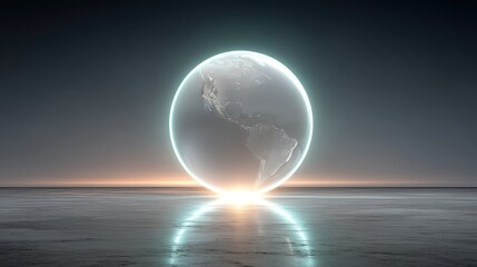 Futuristic Holographic Globe Rotating with Neon Light on Gray Background Cinematic Lighting
