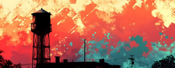 Silhouette Water Tower at Sunset: Witness the captivating sight of a water tower gracefully etched against a canvas of fire, as the setting sun paints the sky in fiery hues.