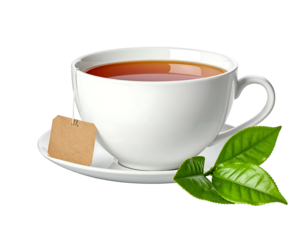 White teacup filled with brown tea, teabag, and tea leaves