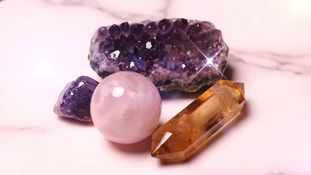 Amethyst rose quartz citrine crystals group enhances spiritual awareness and promotes positive energy creating a meditative environment perfect for yoga studio designs