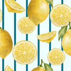 Watercolor style lemon pattern with dark turqoise stripes and isolated on light blue background. Vector seamless pattern of citrus fruit for tropical summer theme.