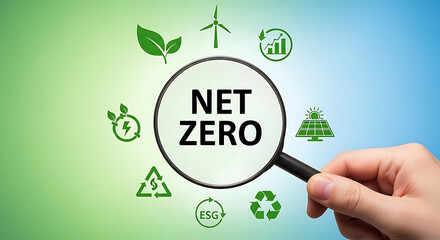 A hand holds a magnifying glass focusing on the term "Net Zero," surrounded by green icons representing sustainable energy and environmental initiatives.