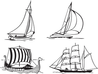 Collection of sailing ships yachts in isolated clipart vector illustration