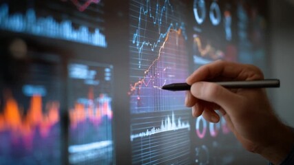 Hand pointing at financial data on a digital screen, analyzing stock market trends and business growth. - Powered by Adobe