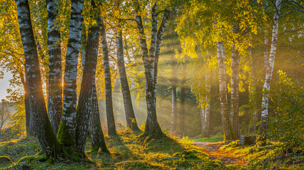 Obraz premium Sunlight streams through birch trees in a tranquil autumn forest landscape scene