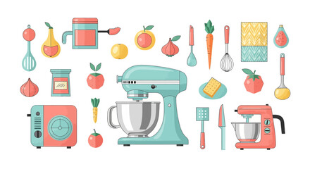 Modern kitchen tools arranged for cooking inspiration, perfect for vibrant blog posts or recipe promotions, create a cheerful atmosphere for your brand