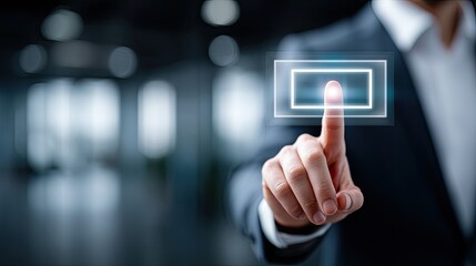 Businessman Interacting with Holographic Interface in Dark Blue Suit Against Blurred Office Environment