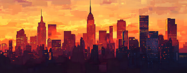 Urban Silhouette at Dawn: A vibrant skyline of towering skyscrapers is beautifully silhouetted against a fiery dawn, painting a dramatic picture of a bustling metropolis at the beginning of a new day.