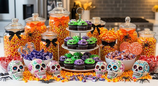 Halloween treats Candy corn jars monster cupcakes skull decor bowls of wrapped candy create a festive sweet spread