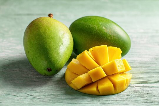Two green mangoes and cut yellow mango flower on a light blue wood surface