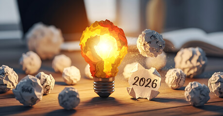 A glowing lightbulb with flames, surrounded by crumpled paper, symbolizing ideas and future.