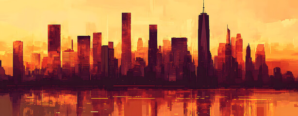 Urban Silhouette: A vibrant cityscape silhouette in fiery tones, where modern architecture meets the reflective waters, embodying the dynamism and grandeur of a bustling metropolis.
