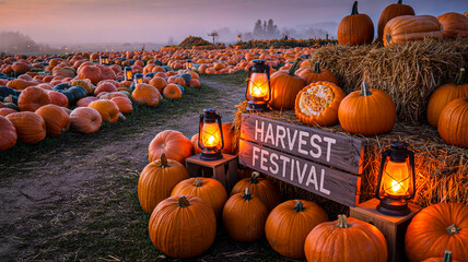 Pumpkins and lanterns at a harvest festival in autumn on a farm field scene
