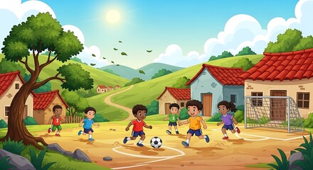 Naklejka premium Kids Play Soccer with Village.