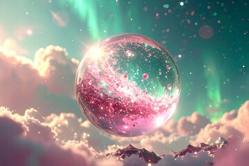 透明な球体に入ったローズクオーツの結晶