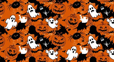 Obraz premium Seamless Halloween pattern featuring cute white ghosts, grinning jack-o'-lantern pumpkins, black spiders, and bats on a vibrant orange background.