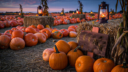 Pumpkins and hay bales create a festive autumn scene at a pumpkin patch farm