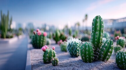 Cactus Garden with Pink Blossoms in Desert Landscape Cinematic View