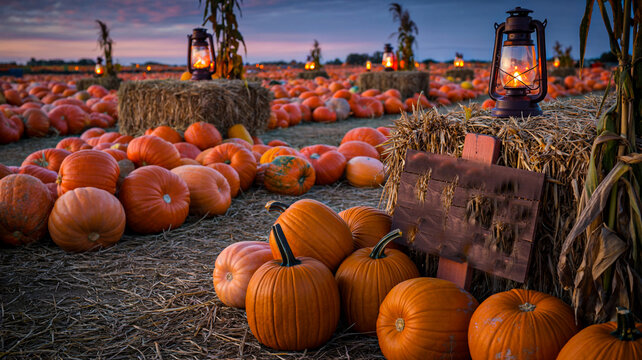 Pumpkins and hay bales create a festive autumn scene at a pumpkin patch farm
