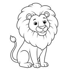 A cheerful cartoon lion sits upright with a fluffy mane, big eyes, and a friendly smile. Its curved tail and simple lines make it perfect for playful, kid-friendly designs.