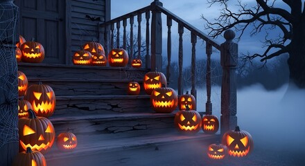 Lit jackolanterns on porch steps evoke Halloween with webs and a dark foggy backdrop