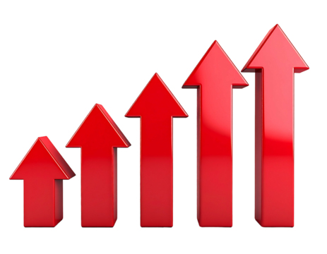 Five red upward-pointing arrows of increasing size, illustrating growth or progress