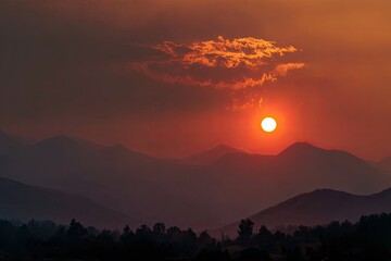 Fiery sunset over a mountain range
