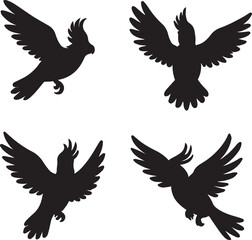 Cockatoo bird silhouette icons set side, front, back, and top views vector art illustration