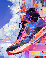 Glitchy Sneaker in the Sky: A vibrant, stylized image of a running shoe floating through a colorful, abstract sky, blending art and technology. 