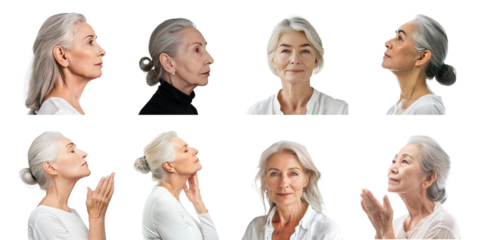 Collection of Portrait of facial senior model with hand gesture, face care concept side view isolate on transparency background