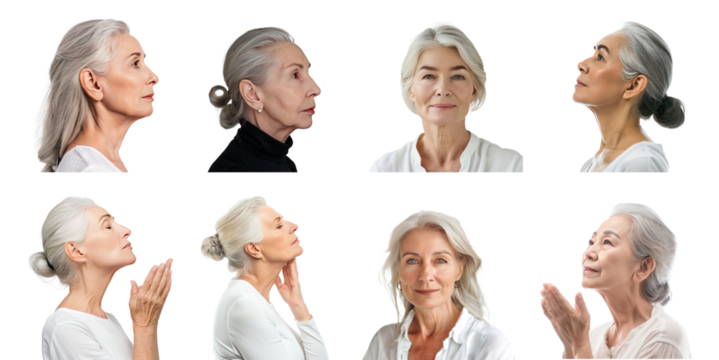 Collection of Portrait of facial senior model with hand gesture, face care concept side view isolate on transparency background